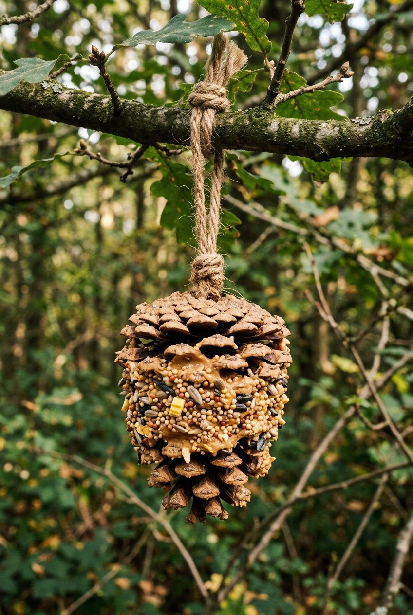 A close-up photograph of a large rustic pinecone coated with peanut butter and birdseed hanging from a tree branch with thick jute twine