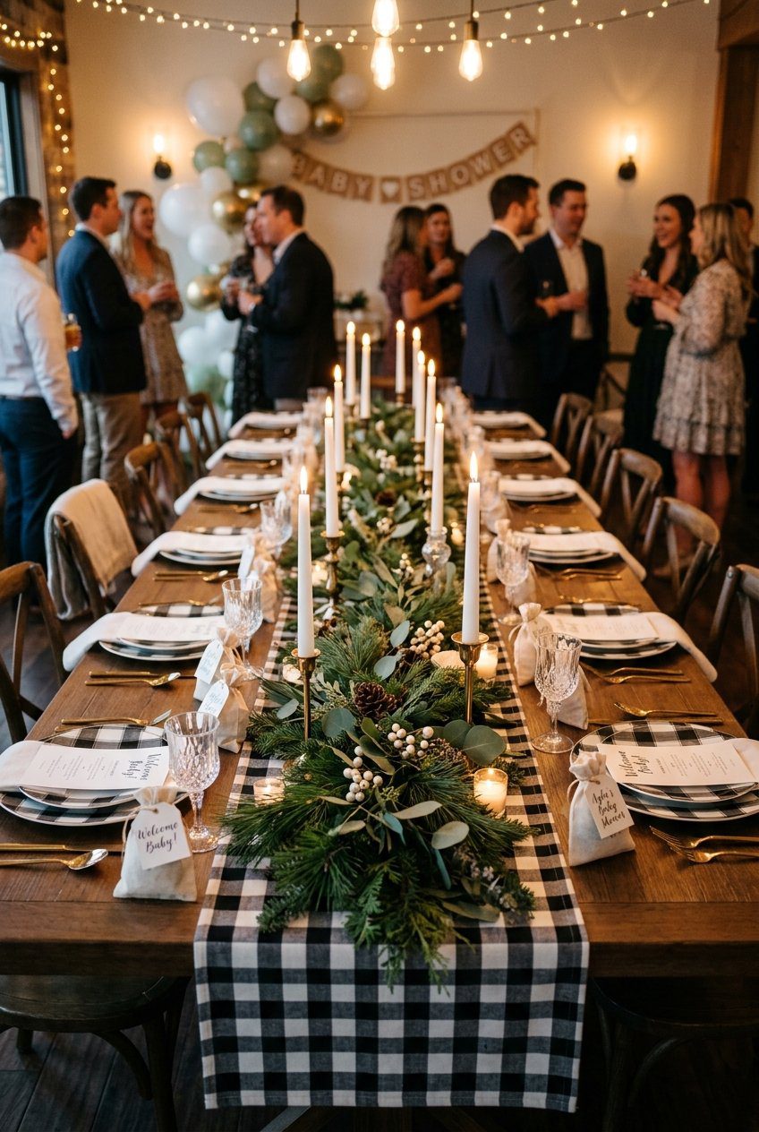 A baby shower table setting styled with a black and white plaid runner and decorated with fresh pine garlands