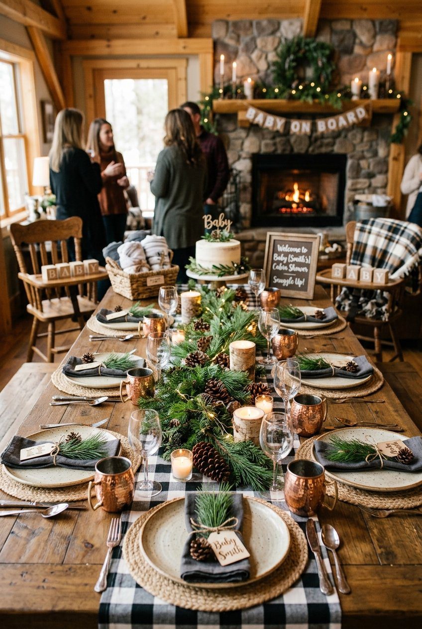A cozy cabin themed baby shower table styled with black and white plaid runners, fresh green pine branches, and pinecones