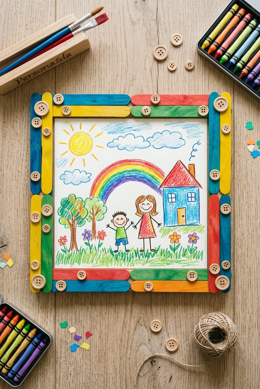 A flat lay photograph of a child's colorful drawing framed inside painted popsicle sticks decorated with small natural wooden buttons