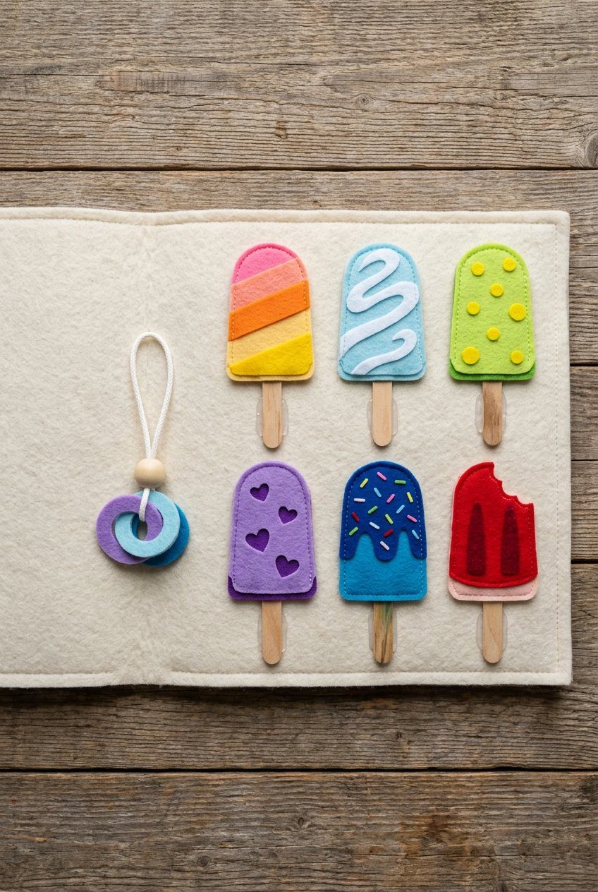 A flat lay of a no-sew felt activity page featuring scissor-cut felt popsicles glued onto real wooden craft sticks with clear fabric glue