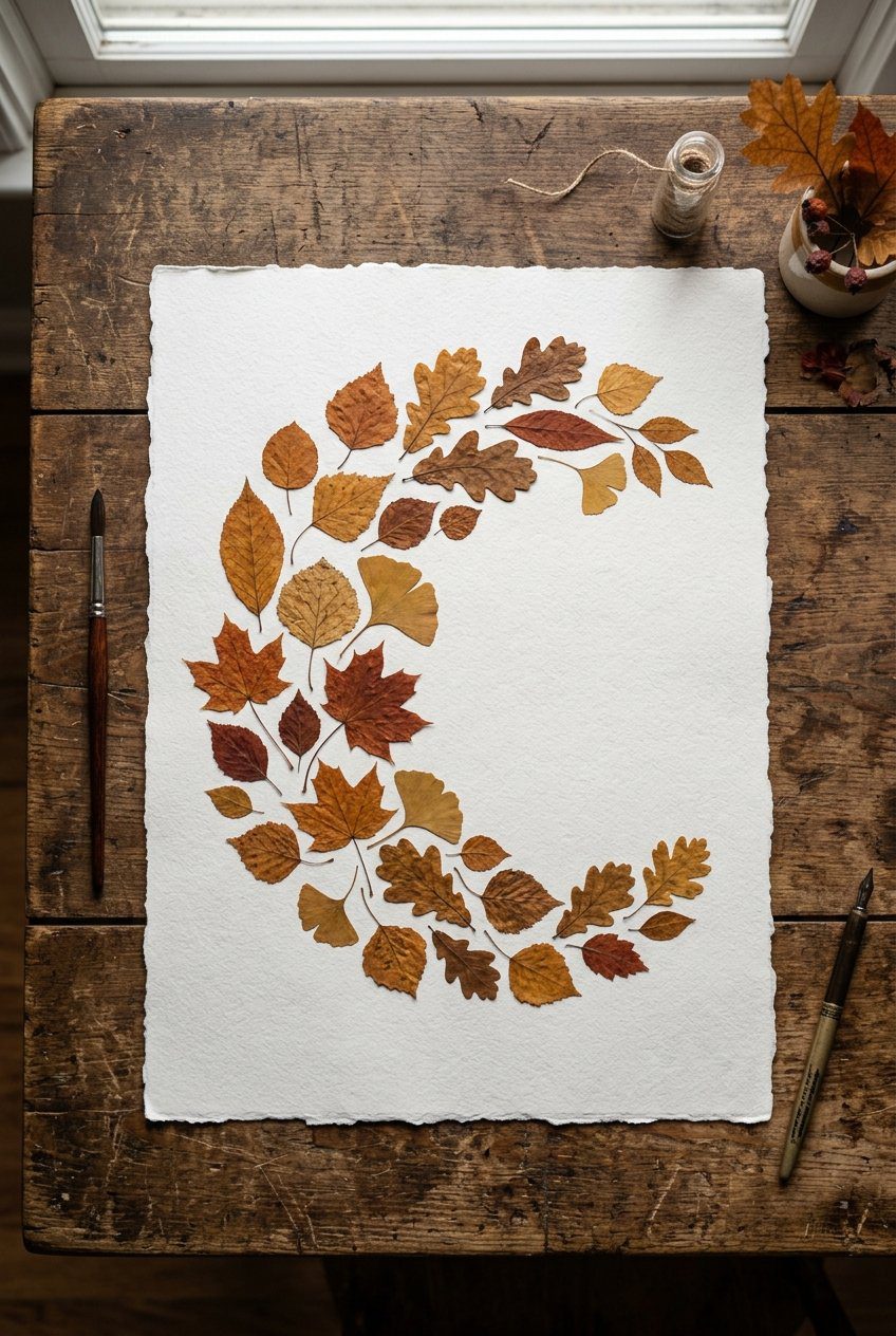 A beautiful flat lay of dried pressed autumn leaves arranged artistically on heavy cotton watercolor paper, wood table background