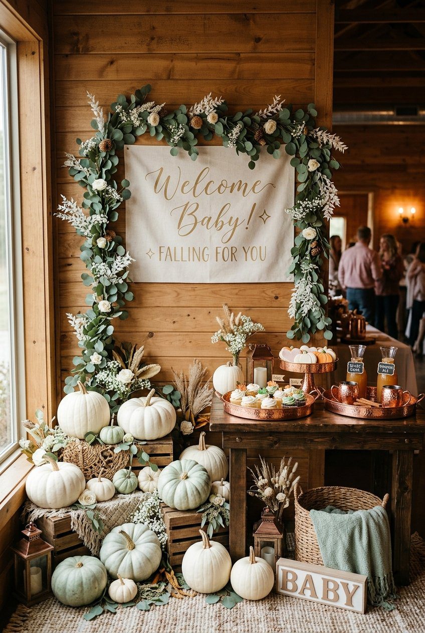 A beautiful fall baby shower photo backdrop decorated with white and pastel green heirloom pumpkins, soft eucalyptus garland, and copper serving trays