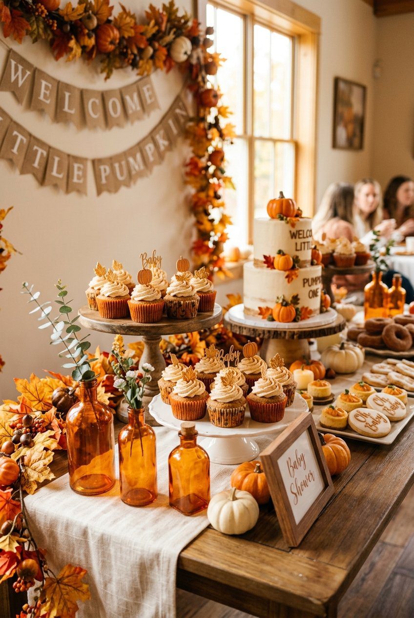 A warm fall baby shower dessert table styled with pumpkin spice cupcakes, orange autumn leaves garland, and orange amber glass bottles