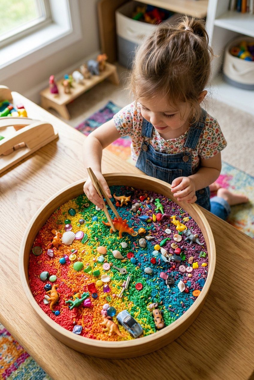 A beautiful high angle shot of a child digging in a multi-colored rainbow rice sensory bin searching for small toys with wooden tweezers