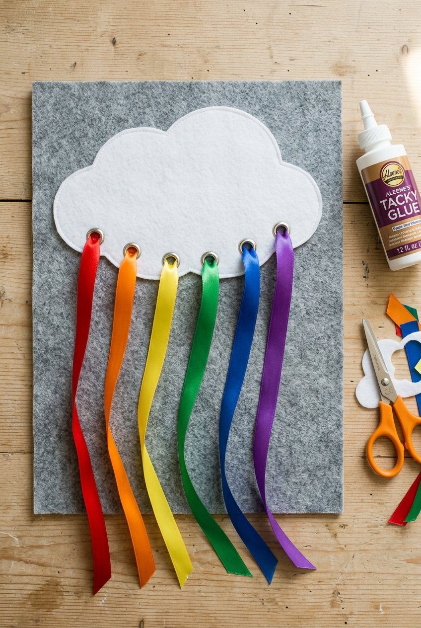 A flat lay of a no-sew felt cloud activity page where long rainbow satin ribbons are threaded through metal grommet eyelets punched into a glued white felt cloud