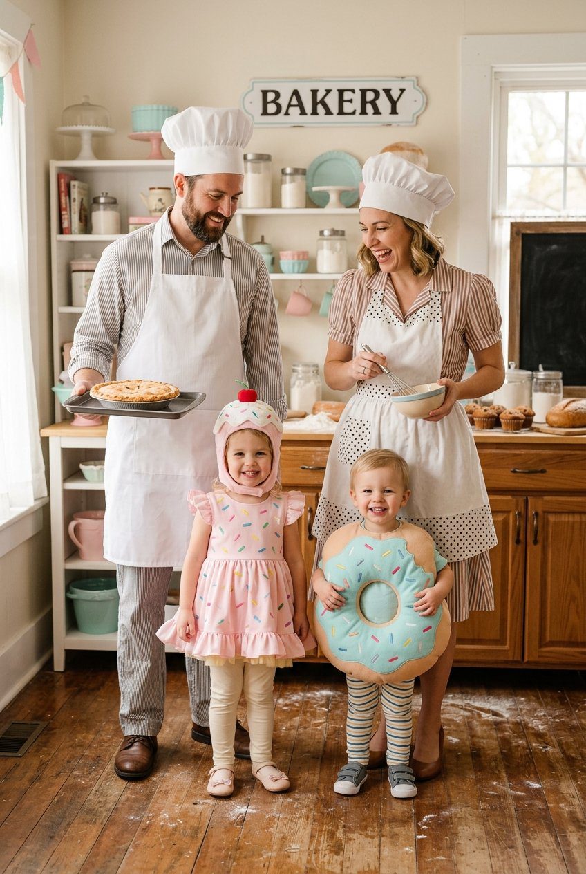 A family Halloween costume setup with parents as retro bakers in white chef hats and aprons, and toddlers dressed as sweet cupcakes and donuts