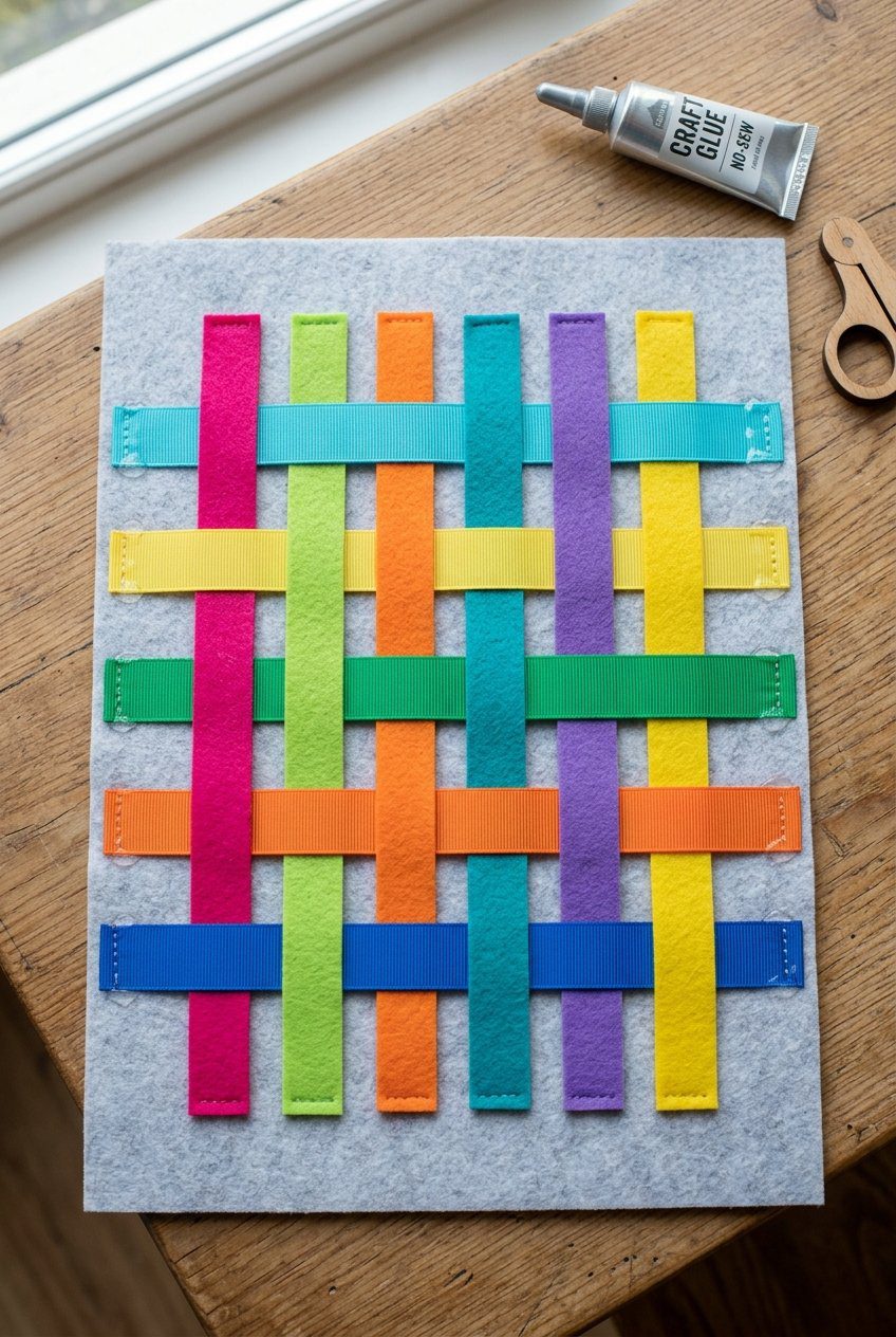 A flat lay of a no-sew felt activity page where loose vertical felt strips are woven over and under horizontal glued grosgrain ribbons