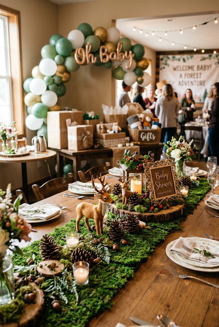 A rustic forest themed baby shower table centerpiece made of moss, pinecones, wooden deer, and white candles