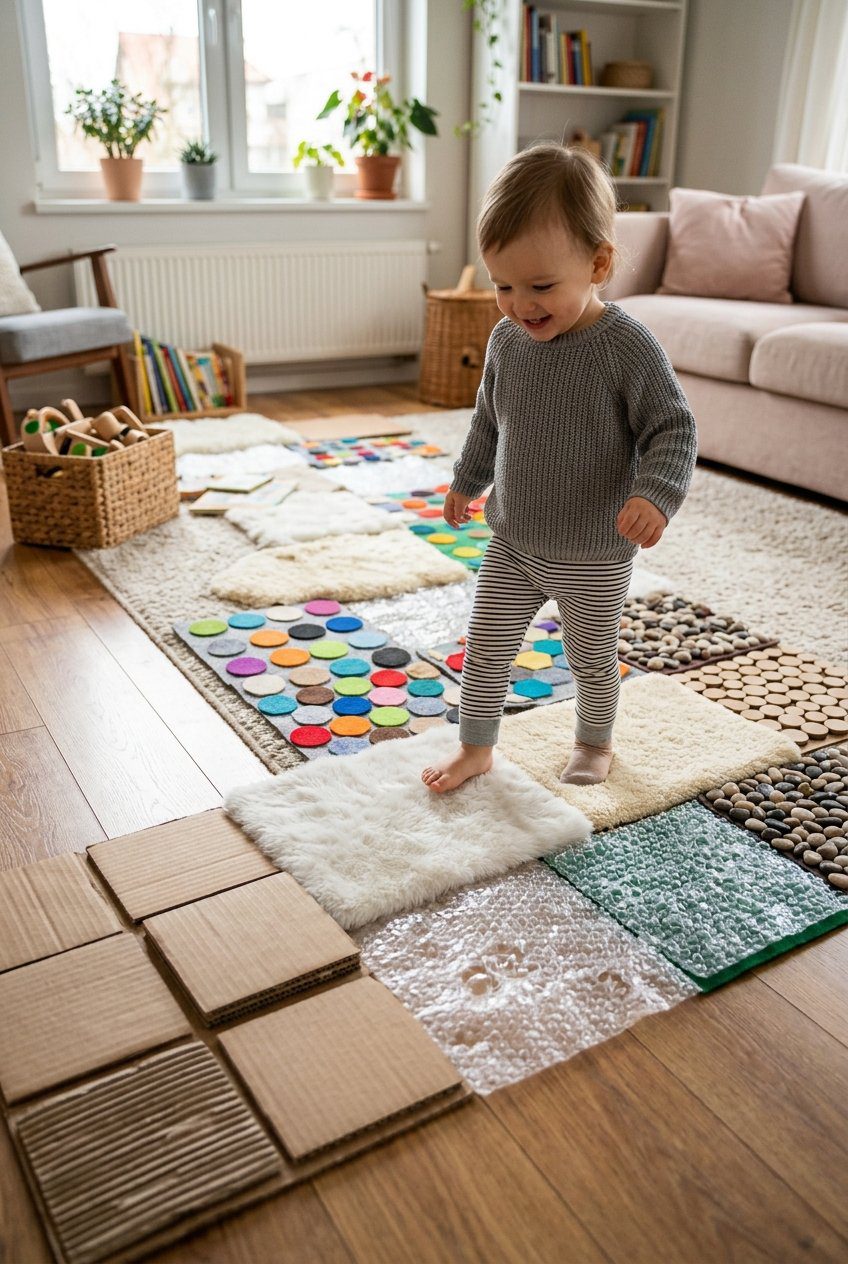 An indoor walking path constructed from different sensory textures like bubble wrap pieces, felt tiles, soft fur mats, and cardboard arranged on a floor