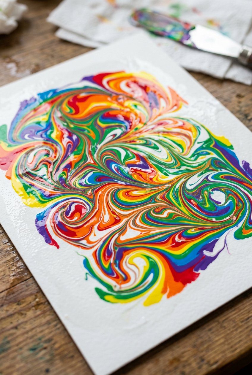 A beautiful close-up of colorful marbled rainbow paint patterns on white cardstock paper after scraping off shaving cream