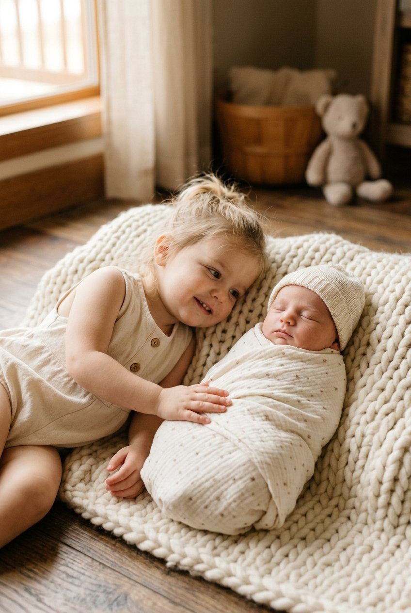 A toddler sibling wearing linen overalls lying down looking at a swaddled sleeping newborn baby