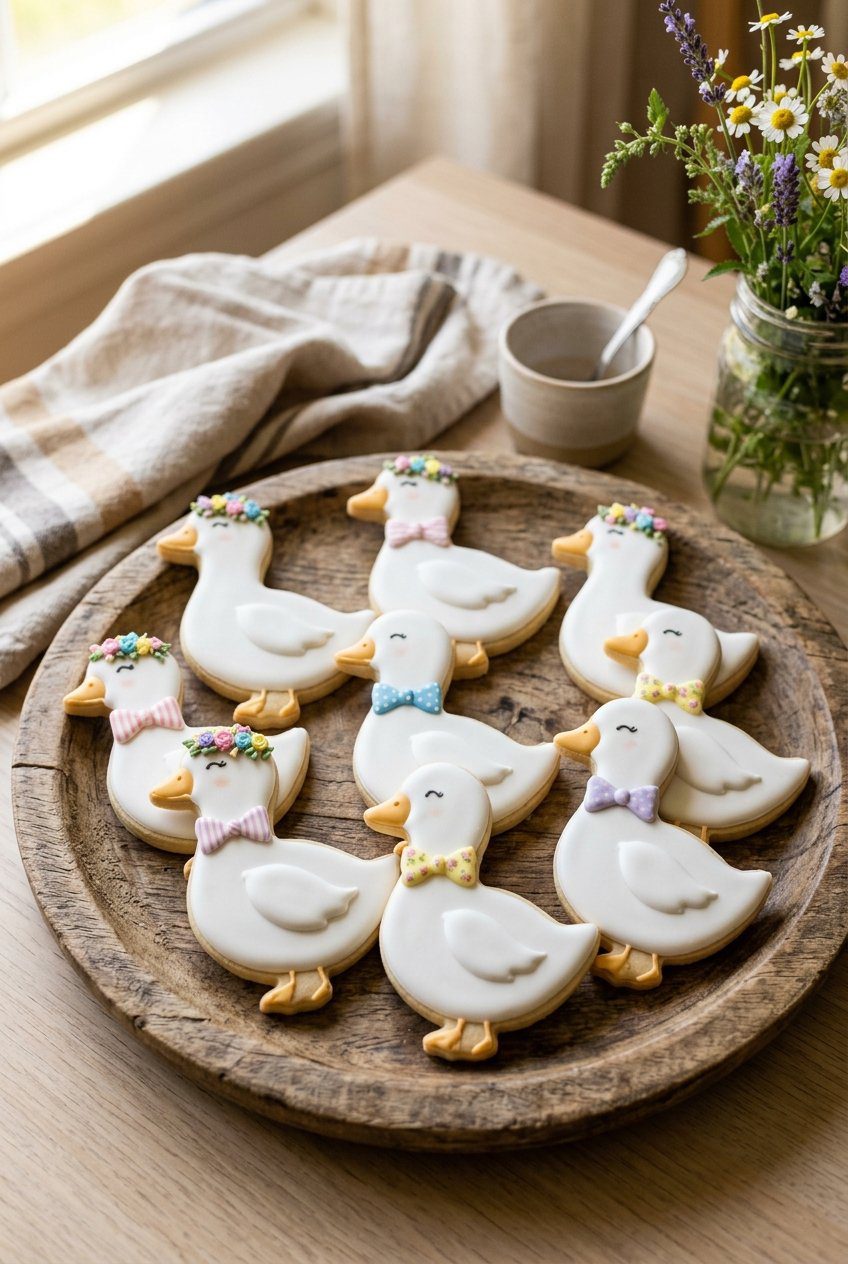 A wooden platter filled with sugar cookies frosted to look like cute little white geese wearing pastel bowties and flower crowns