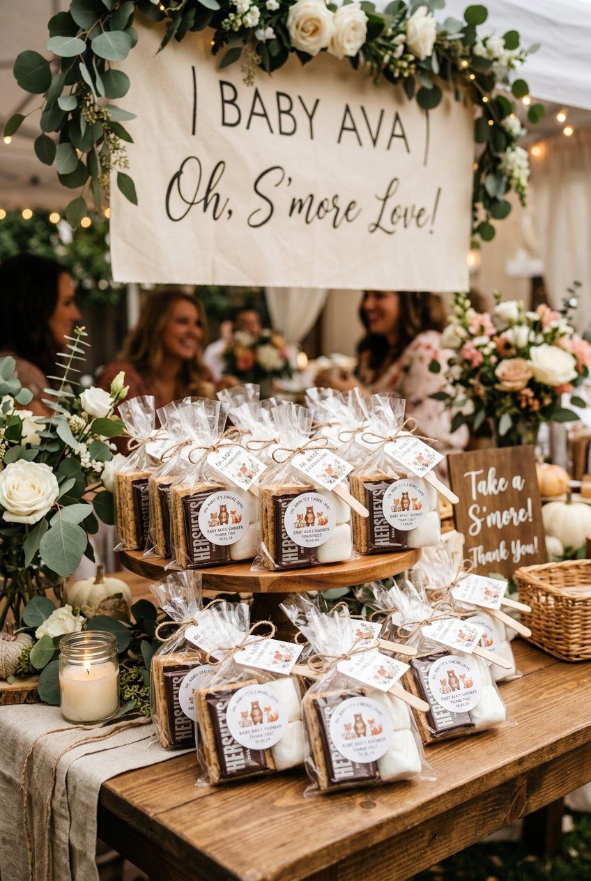 S'mores kit gift bags filled with graham crackers, marshmallows, and chocolate bars labeled with custom baby shower labels