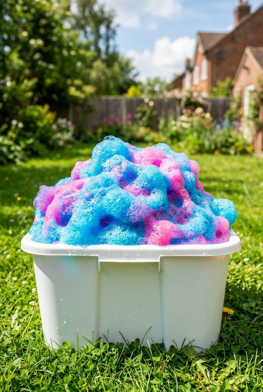 Brightly colored blue and pink soap foam bubbles piled high in a large clean white plastic storage tub outdoors on a sunny green lawn