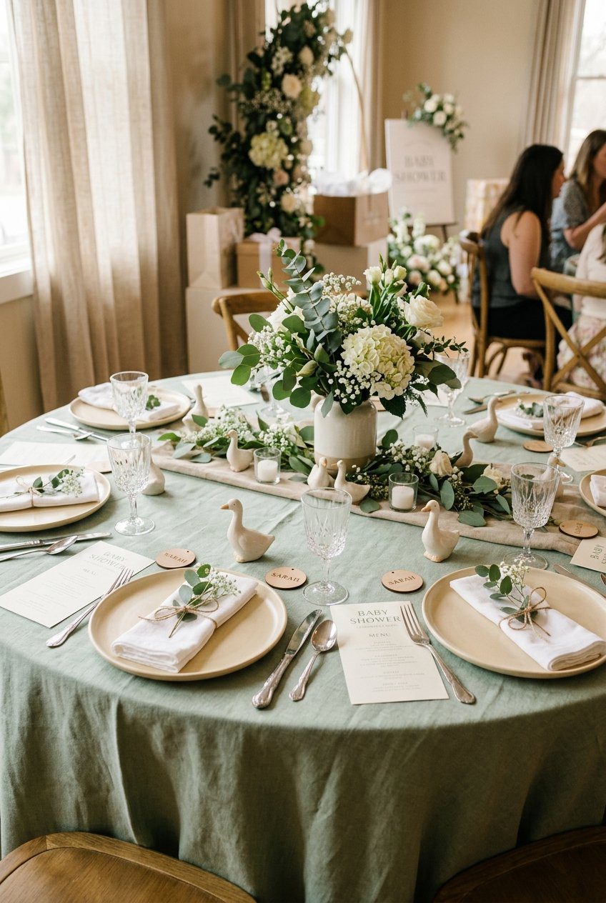 A beautiful baby shower table setting featuring soft sage green linens, warm cream plates, and small white ceramic geese figurines
