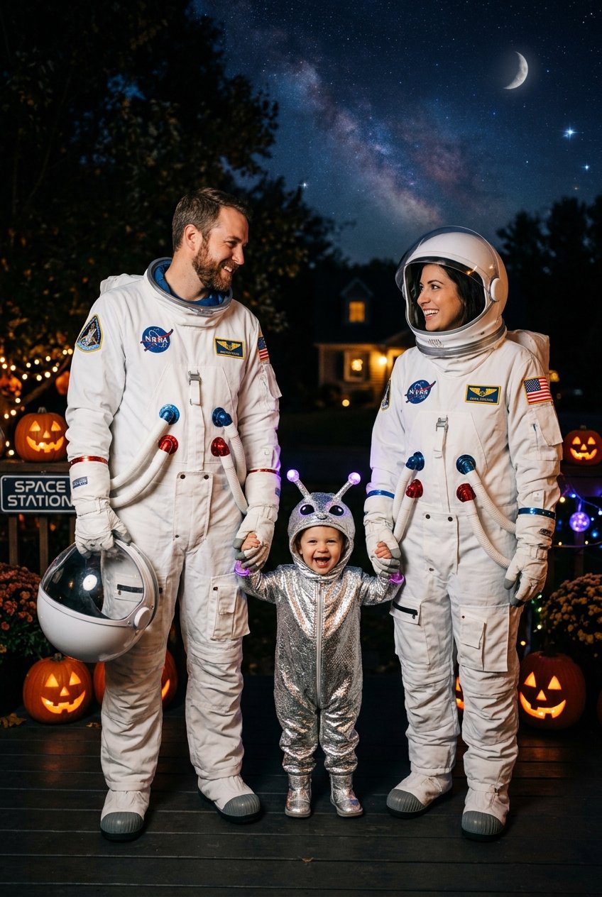 A family Halloween costume setup with parents dressed as astronauts and a toddler alien in a silver, metallic theme
