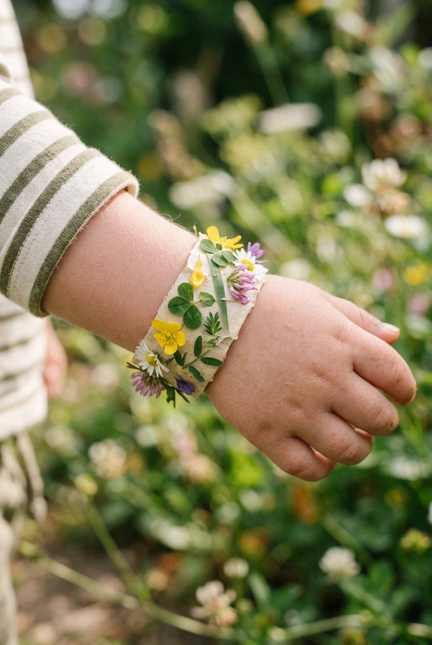 A close-up shot of a toddler's wrist wearing an inside-out masking tape bracelet covered in small green leaves and wildflower petals