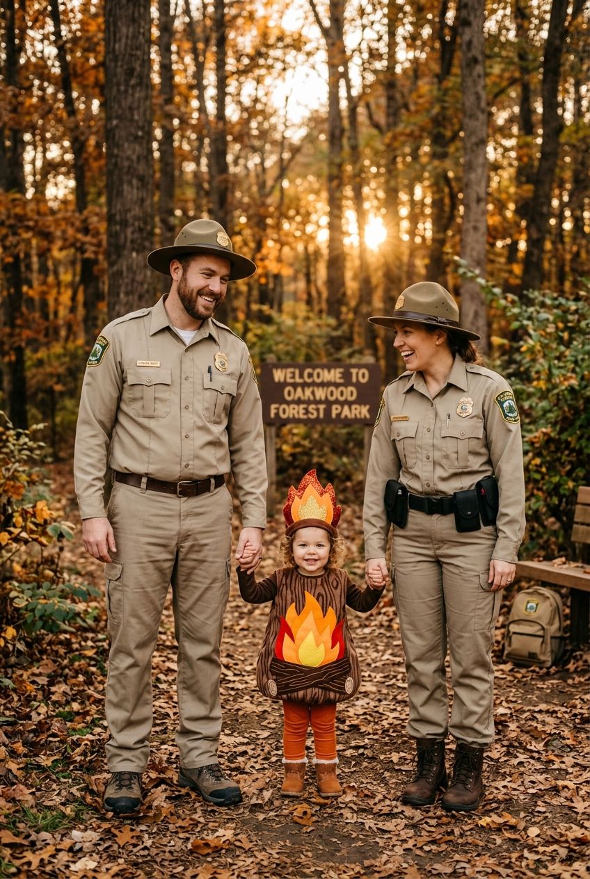 A family Halloween costume setup with parents as forest rangers in khaki uniforms and a toddler dressed as a little campfire, cozy forest park outdoor setting