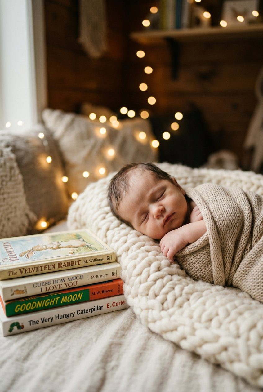 A newborn baby wrapped in a beige swaddle sleeping on a bed next to a stack of children's storybooks under soft fairy lights