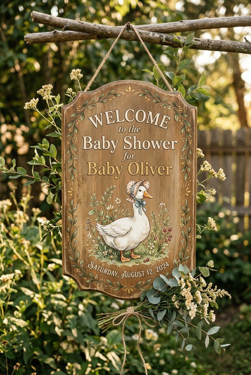 A vintage storybook style wooden welcome sign for a baby shower featuring a cute illustration of a white goose wearing a small floral bonnet