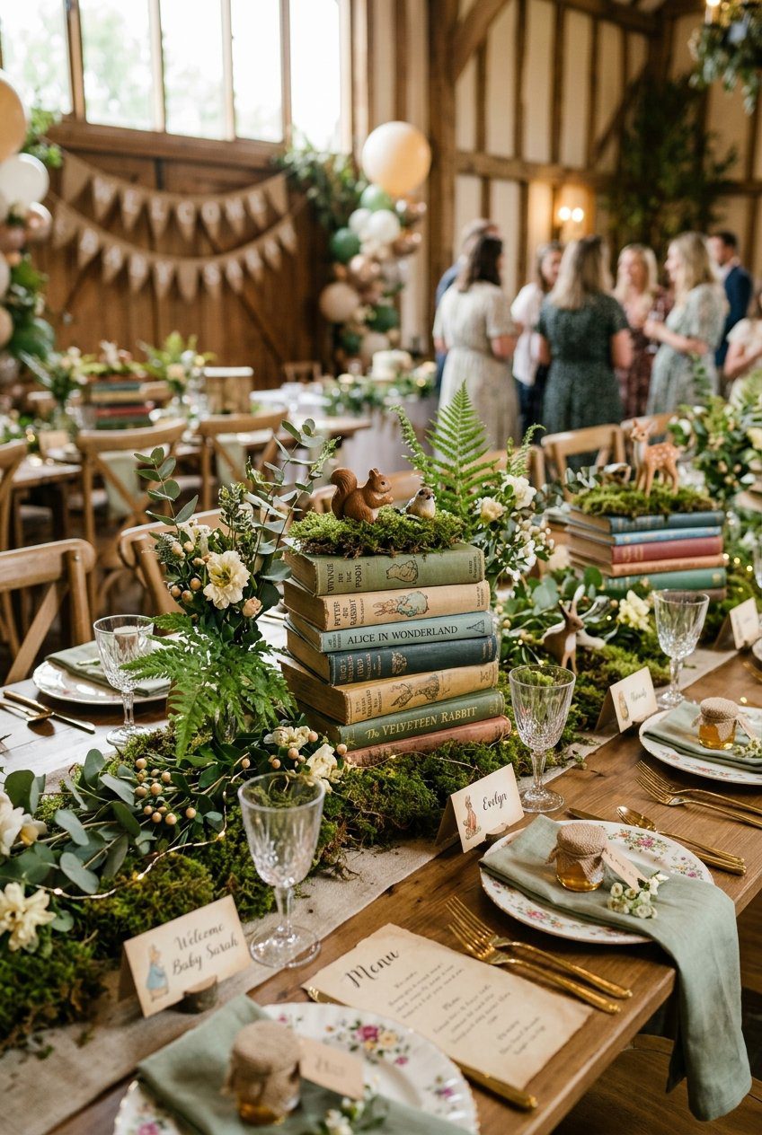 A vintage storybook baby shower table setting featuring stacks of old children's books as centerpieces, surrounded by green forest moss and ferns