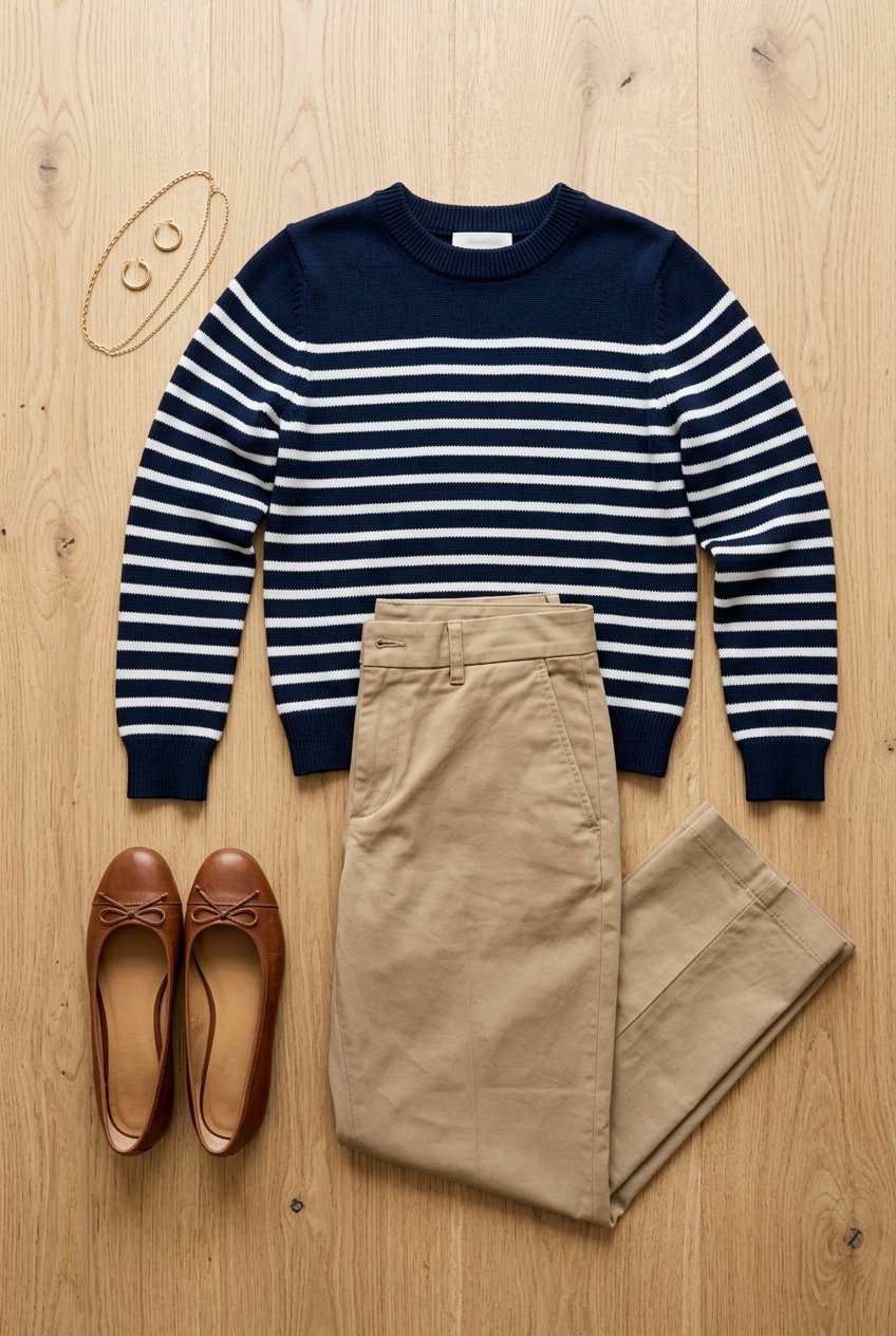 A flat lay layout with a navy blue and white striped Breton knit sweater, straight-leg tan khaki trousers, and brown flats