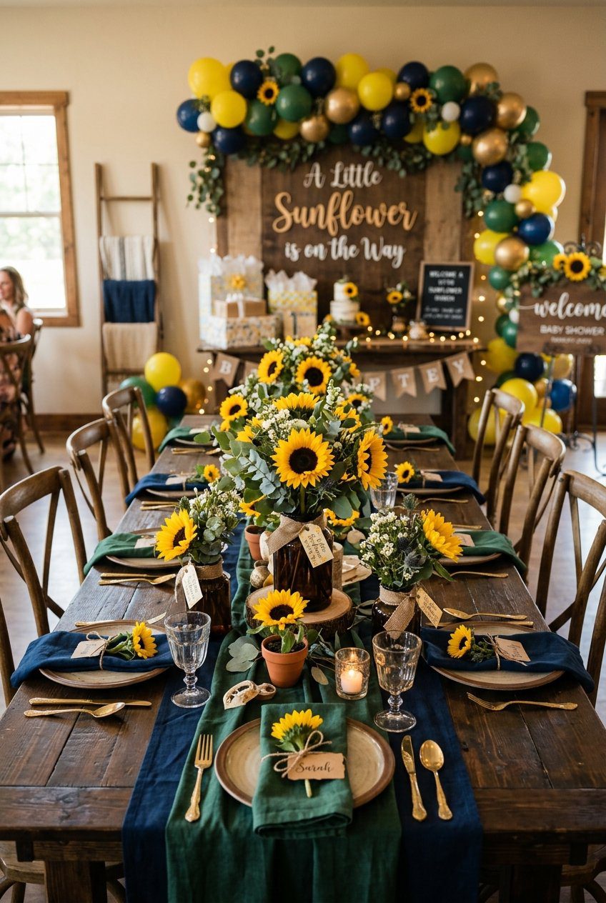 A beautiful baby shower table setup decorated with bright yellow sunflowers in rustic vases, green linens, and a matching balloon arch