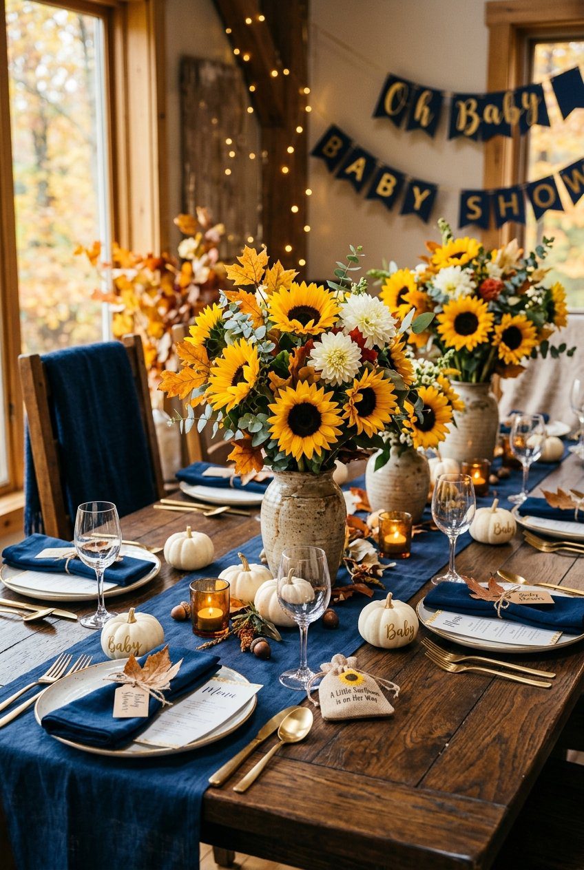A beautiful fall baby shower table setting featuring bright yellow sunflowers in rustic ceramic vases on a dark wood table with navy linens