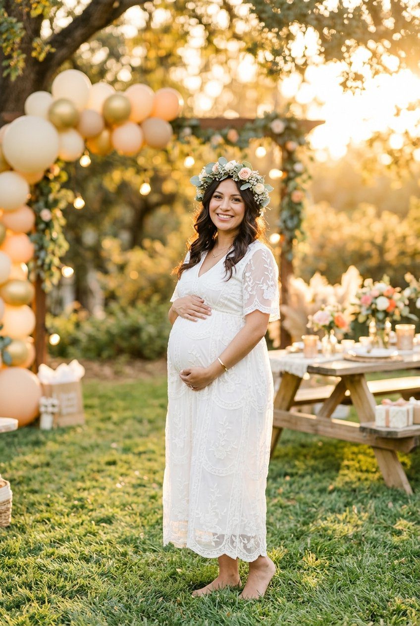 A portrait photoshoot of a pregnant woman wearing a flower crown at sunset during an outdoor baby shower