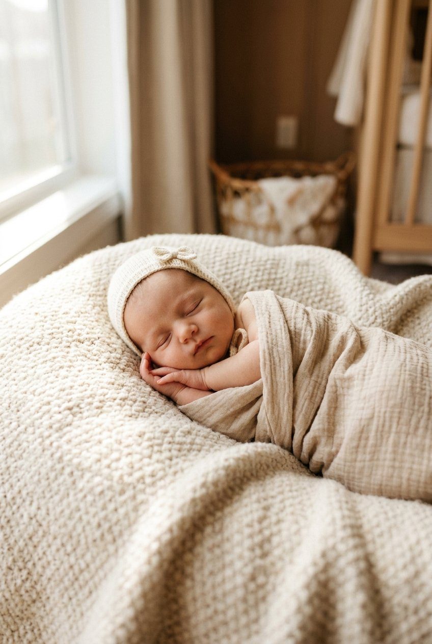 A newborn baby wearing a knit bonnet sleeping near a window in a patch of soft natural morning light