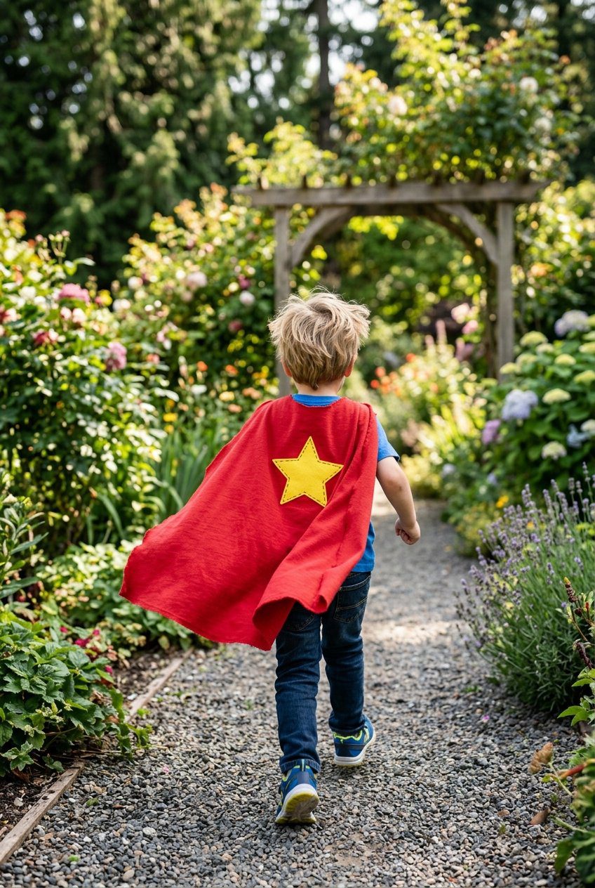 A young boy from behind wearing a red no-sew superhero cape made of soft jersey knit fabric with a yellow felt star patch in the middle, running in a garden