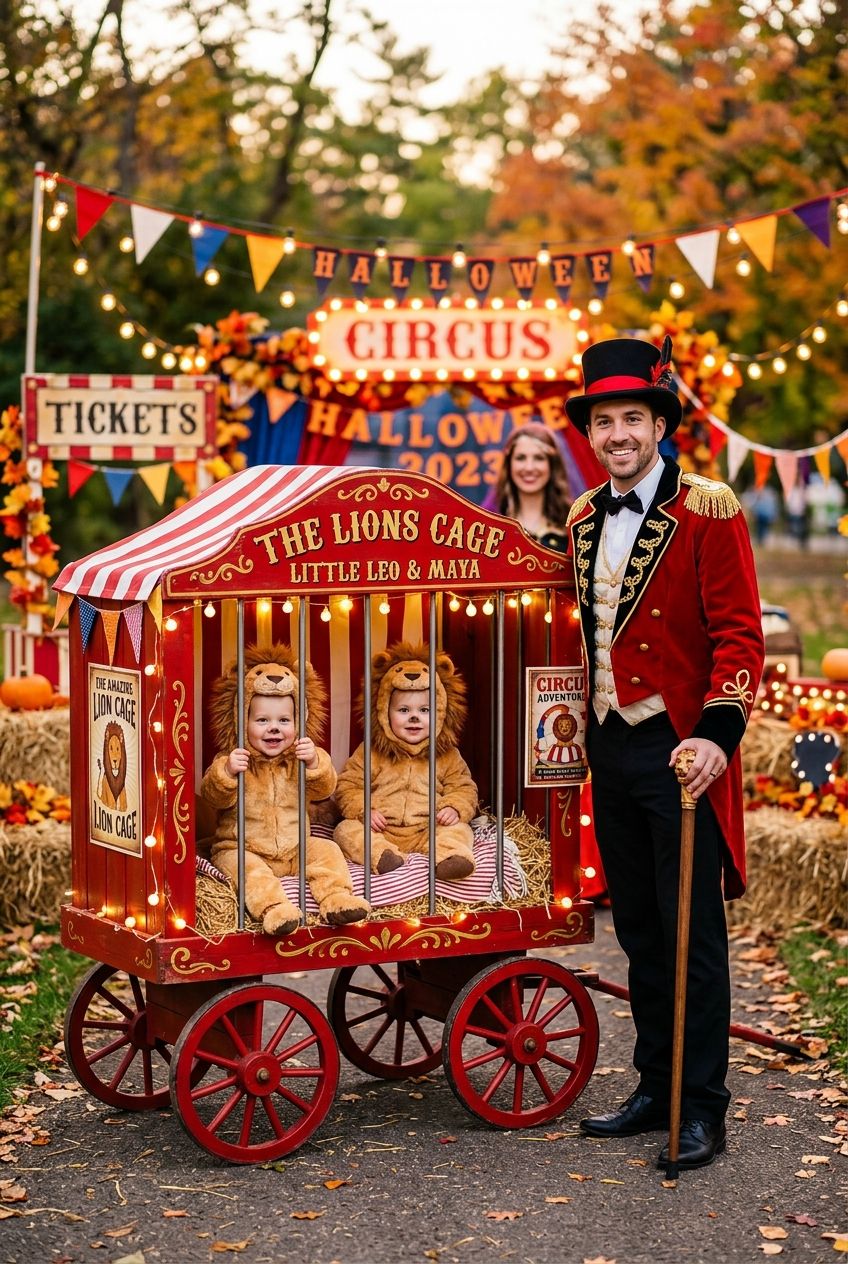 A family Halloween costume setup with a ringmaster parent and toddlers dressed as a baby lion inside a red wagon cage