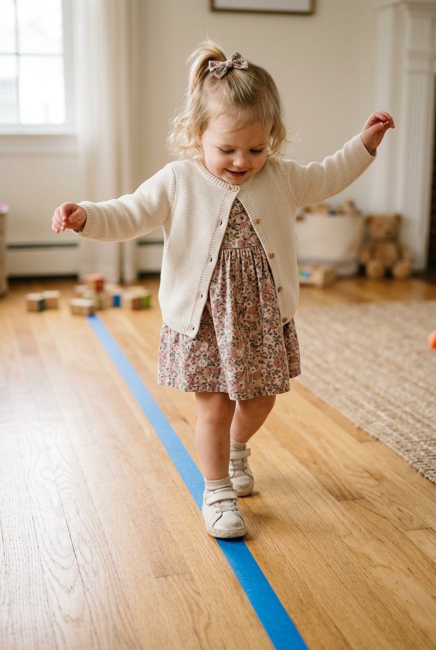 A close-up shot of a toddler girl carefully balancing while walking along a straight line of blue painter's tape on a light oak hardwood floor