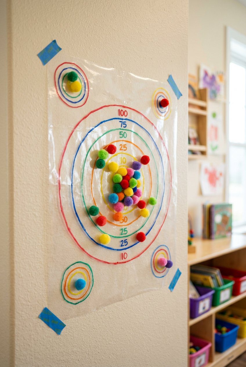 A piece of contact paper taped sticky-side-out to a wall with colorful hand-drawn target circles and lightweight colorful pompoms stuck on it