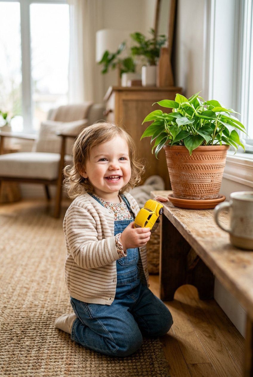A toddler smiling after finding a small yellow toy car hidden behind a terracotta potted green plant in a bright room