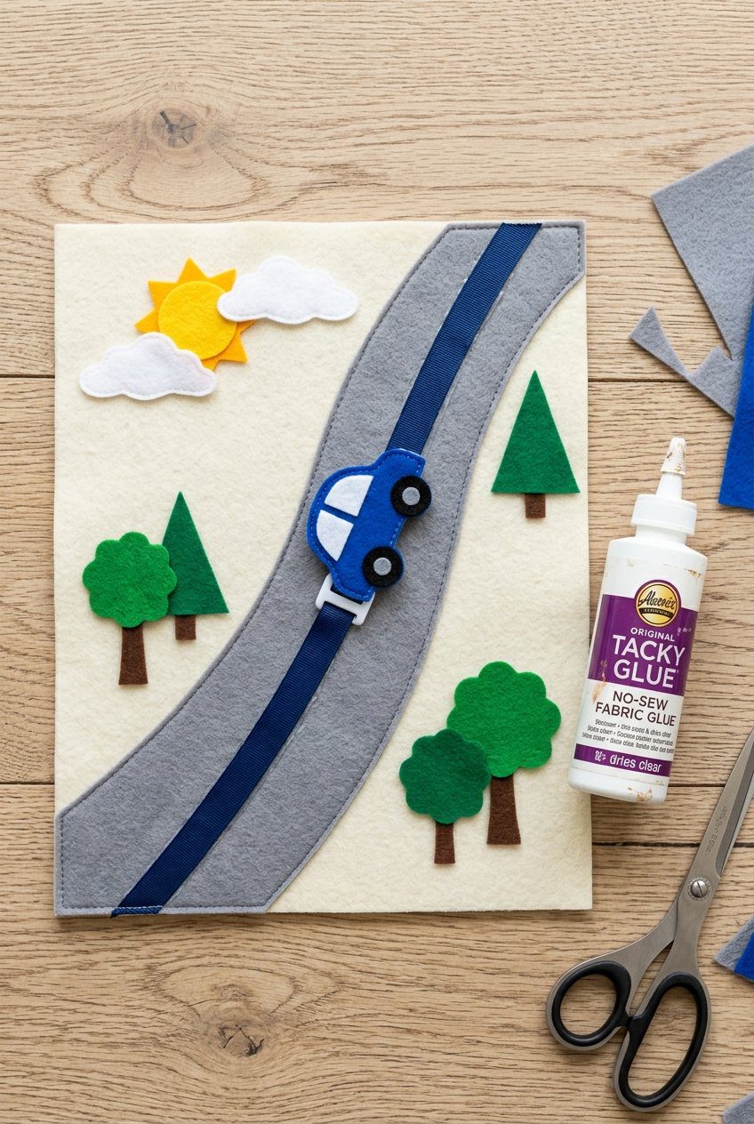 A flat lay of a no-sew felt activity page showing a grey felt road glued down with a felt car sliding on a ribbon track