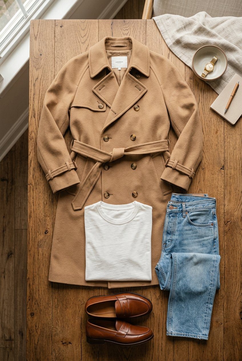 A flat lay layout with a long camel trench coat, a white cotton t-shirt, relaxed straight-leg light wash jeans, and brown leather loafers