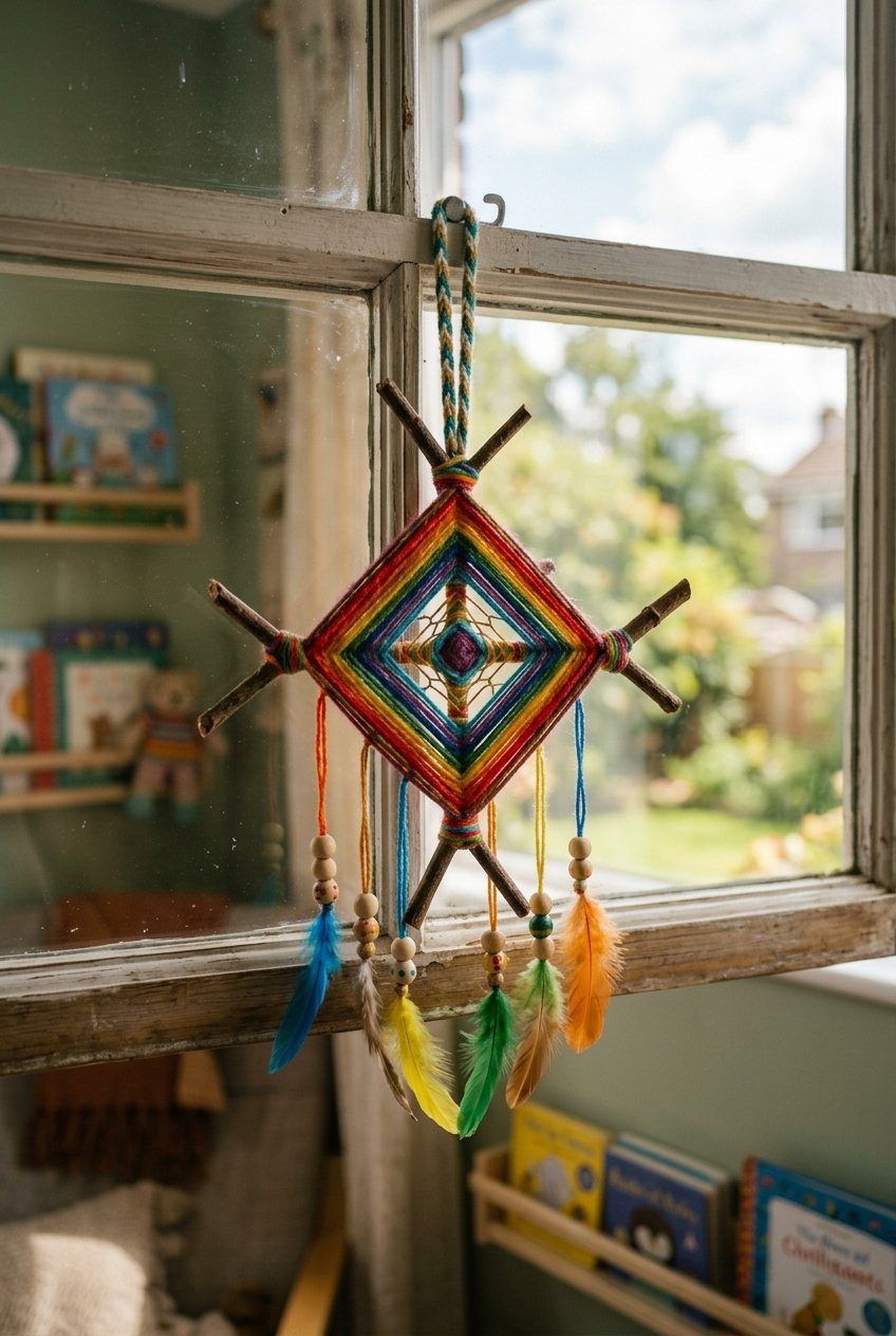 A beautiful close-up of a simple toy dreamcatcher made of two crossed brown twigs bound together with colorful yarn, hanging from a nursery window