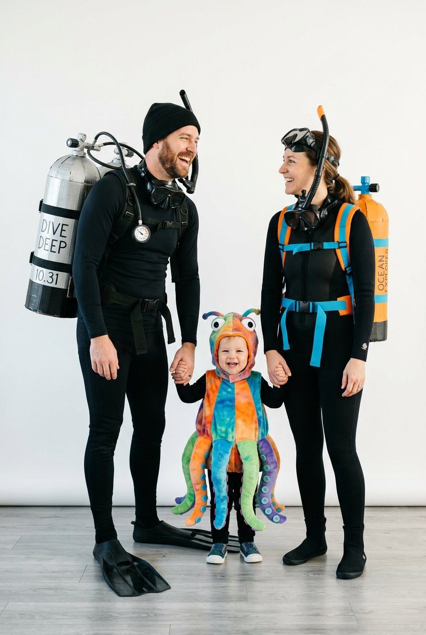 A family Halloween costume setup with parents as scuba divers with cardboard oxygen tanks and a toddler dressed as a colorful little octopus