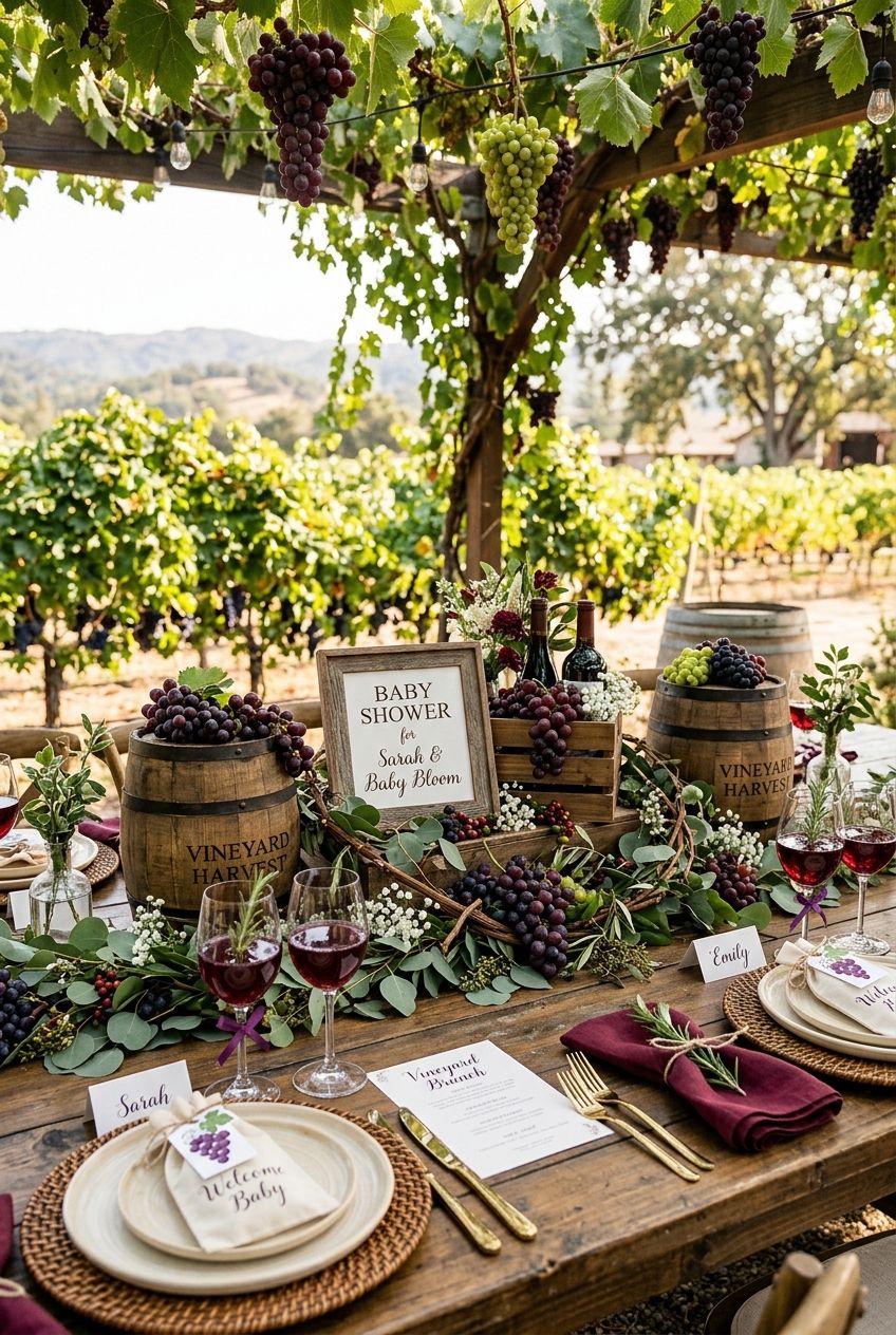 A rustic vineyard themed baby shower table setting featuring deep burgundy grapes, aged oak barrels, green vines, and crystal wine glasses