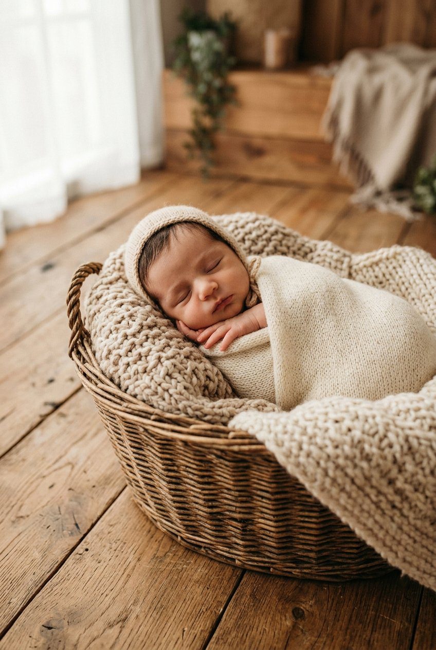 A newborn baby sleeping in a handwoven wicker basket lined with beige cable knit blankets