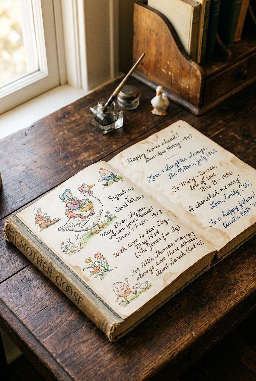 An antique Mother Goose nursery rhyme book open on a desk showing signed guest wishes next to a vintage glass inkwell