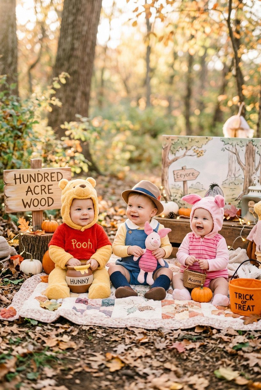 A cozy baby Halloween costume setup with Pooh Bear, Christopher Robin, and a baby Piglet in a pastel Hundred Acre Wood forest setting