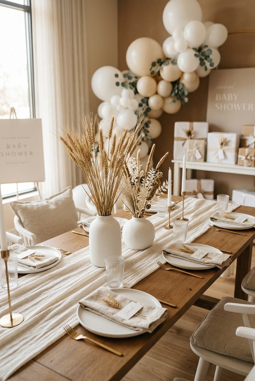 A minimalist baby shower guest table styled with architectural dried wheat stalks in white vases and matching cream linens