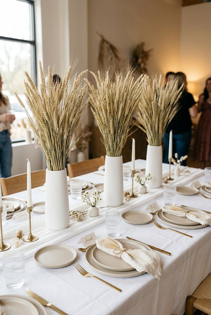 A modern minimalist baby shower table setting featuring tall bundles of dried wheat in sleek white ceramic vases on a clean white tablecloth