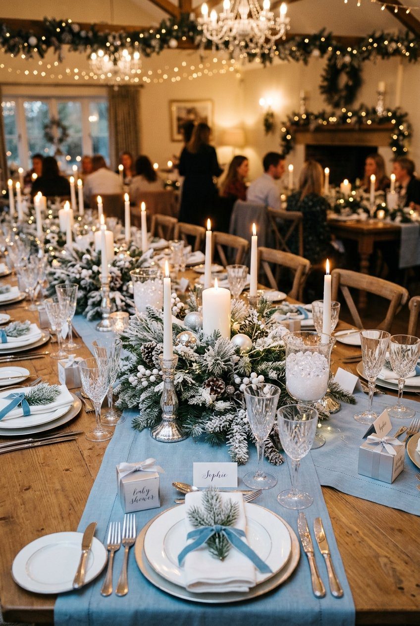 An elegant early winter baby shower guest table set with icy blue linens and frosted pine branch details