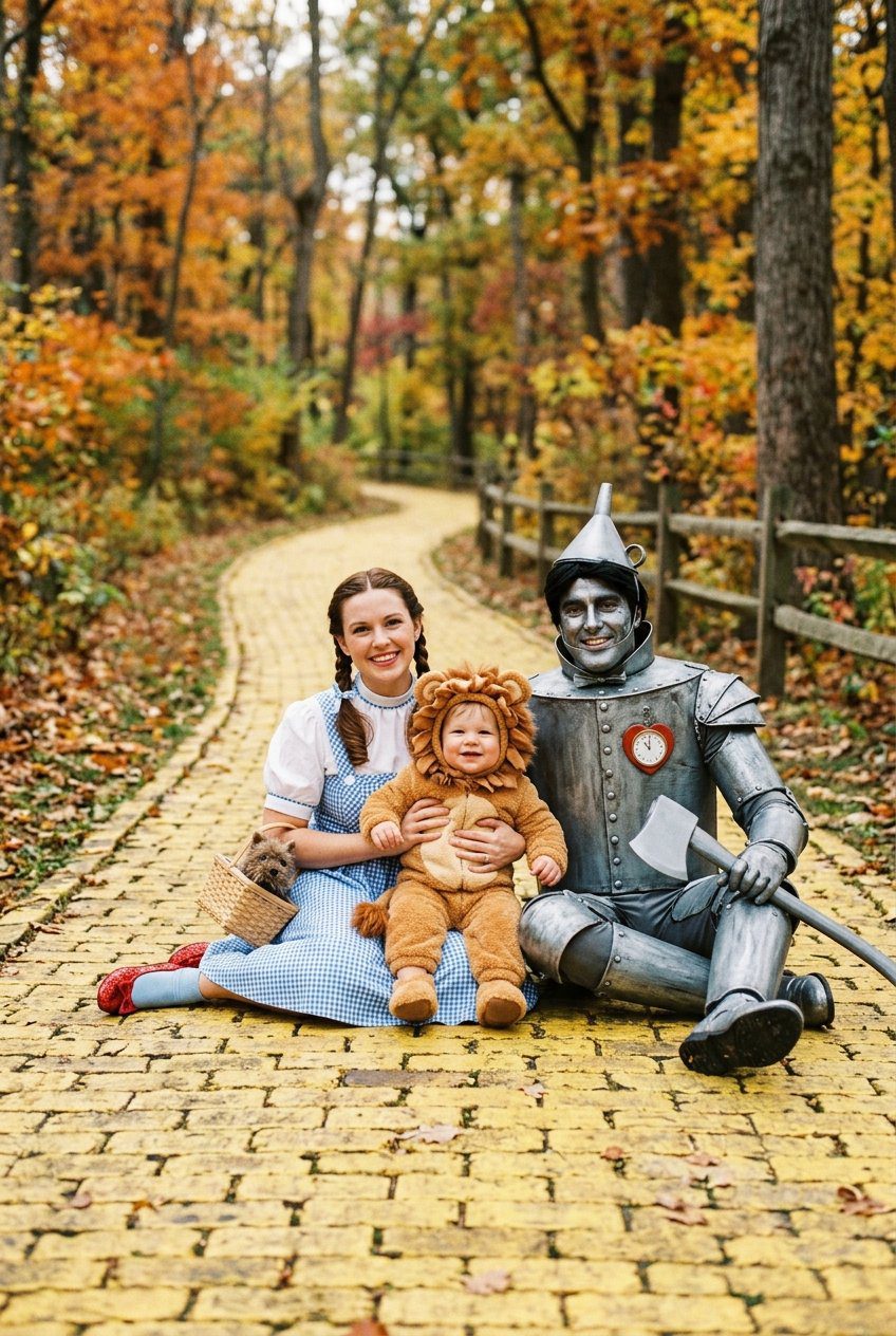 A family Halloween costume setup with Dorothy, Tin Man, and a toddler dressed as a Lion, sitting on a yellow road path