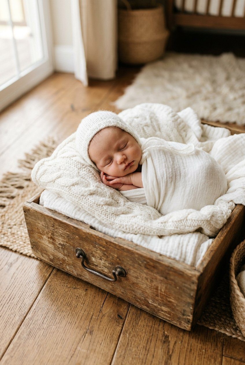 A newborn baby wearing a white knit cap sleeping inside a padded rustic wooden drawer