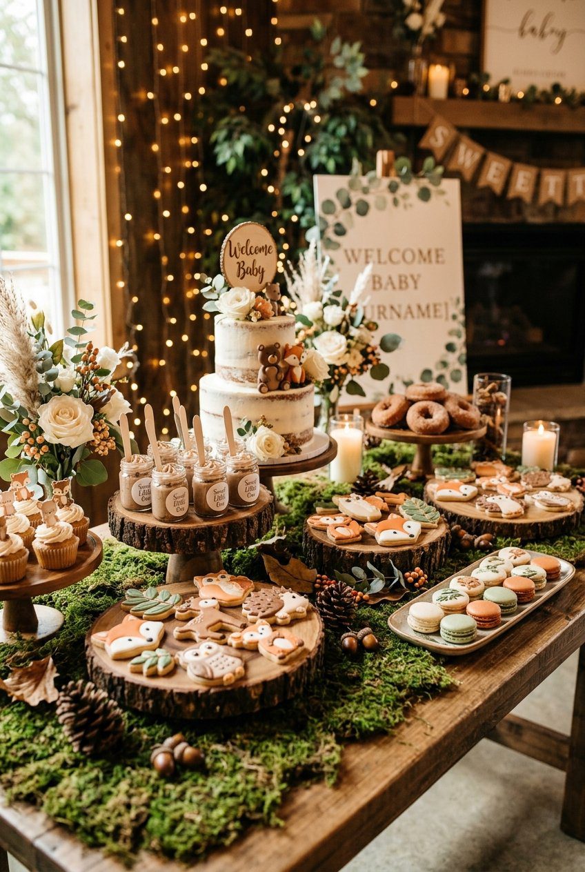 A warm fall baby shower dessert table styled with woodland animal sugar cookies, moss runners, pinecones, and wood cookie stands